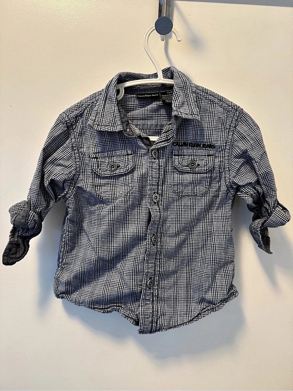 Calvin Klein Jeans Boys 12M Blue White Houndstooth Shirt Like New